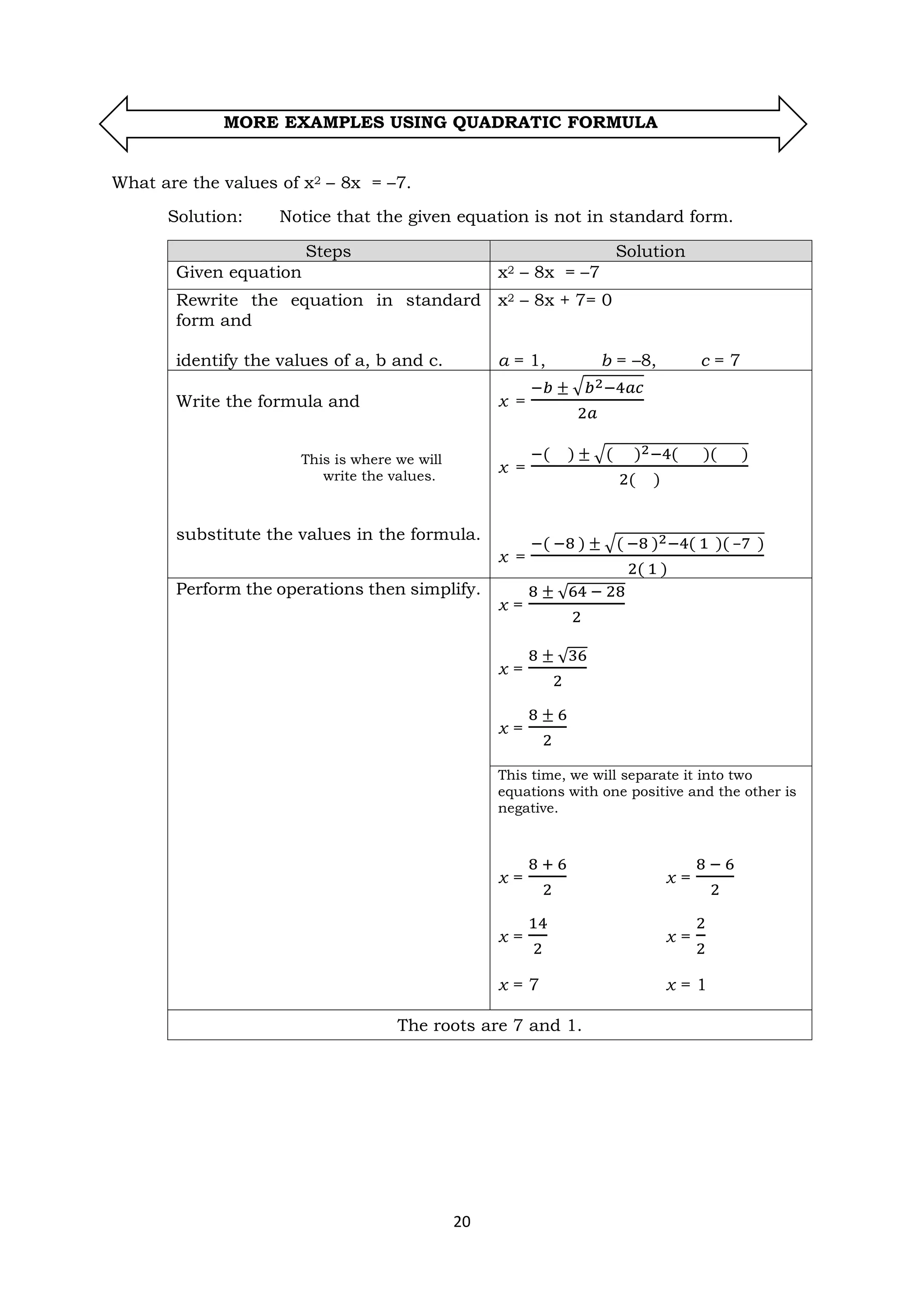 20
MORE EXAMPLES USING QUADRATIC FORMULA
What are the values of x2 – 8x = –7.
Solution: Notice that the given equation is not in standard form.
Steps Solution
Given equation x2 – 8x = –7
Rewrite the equation in standard
form and
identify the values of a, b and c.
x2 – 8x + 7= 0
a = 1, b = –8, c = 7
Write the formula and
This is where we will
write the values.
substitute the values in the formula.
x =
−𝑏 ± √𝑏2−4𝑎𝑐
2𝑎
x =
−( ) ± √( )2−4( )( )
2( )
x =
−( −8 ) ± √( −8 )2−4( 1 )( –7 )
2( 1 )
Perform the operations then simplify.
x =
8 ± √64 − 28
2
x =
8 ± √36
2
x =
8 ± 6
2
This time, we will separate it into two
equations with one positive and the other is
negative.
x =
8 + 6
2
x =
8 − 6
2
x =
14
2
x =
2
2
x = 7 x = 1
The roots are 7 and 1.
 