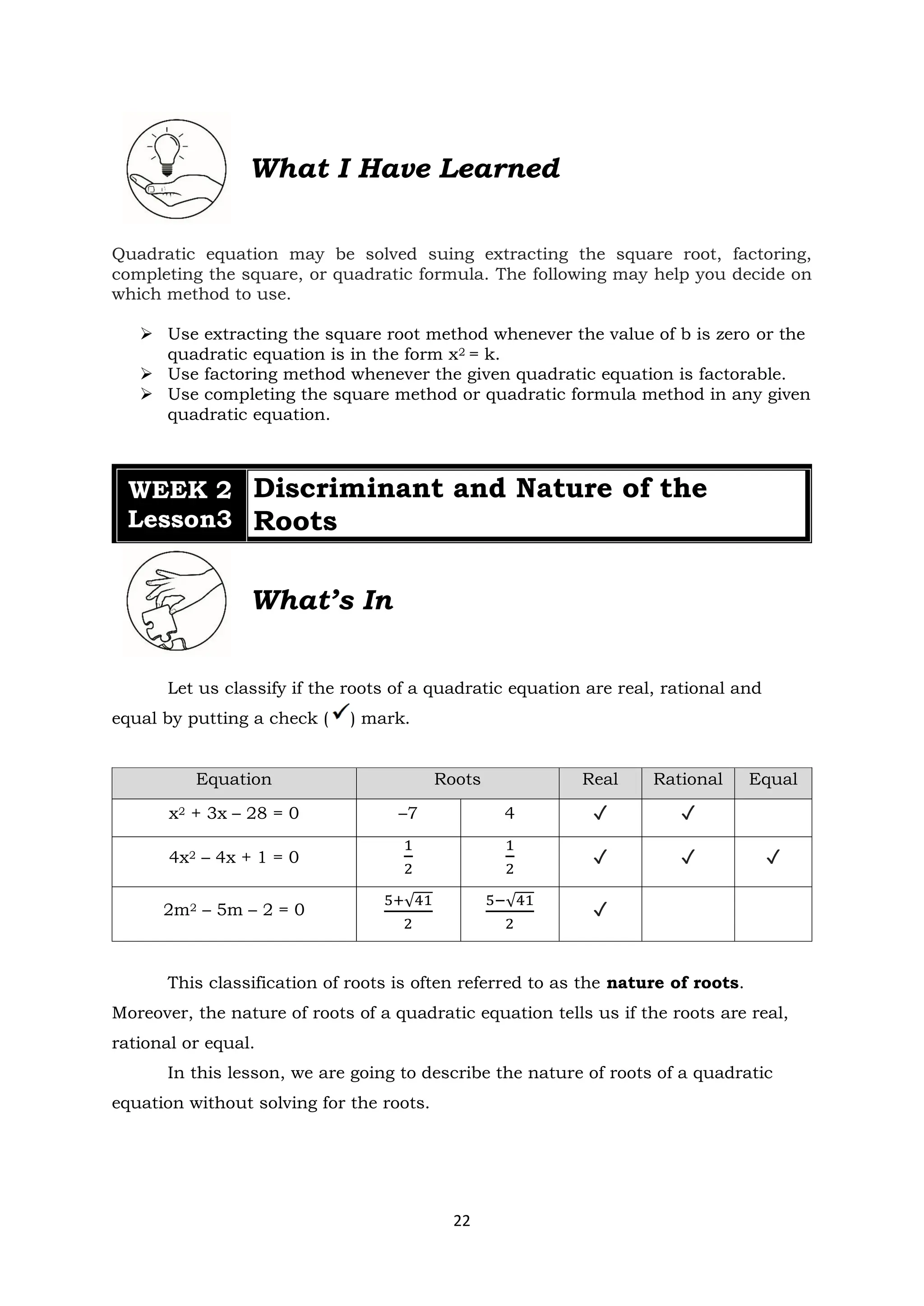 22
What I Have Learned
Quadratic equation may be solved suing extracting the square root, factoring,
completing the square, or quadratic formula. The following may help you decide on
which method to use.
➢ Use extracting the square root method whenever the value of b is zero or the
quadratic equation is in the form x2 = k.
➢ Use factoring method whenever the given quadratic equation is factorable.
➢ Use completing the square method or quadratic formula method in any given
quadratic equation.
WEEK 2
Lesson3
Discriminant and Nature of the
Roots
What’s In
Let us classify if the roots of a quadratic equation are real, rational and
equal by putting a check ( ) mark.
Equation Roots Real Rational Equal
x2 + 3x – 28 = 0 –7 4 ✓ ✓
4x2 – 4x + 1 = 0
1
2
1
2
✓ ✓ ✓
2m2 – 5m – 2 = 0
5+√41
2
5−√41
2
✓
This classification of roots is often referred to as the nature of roots.
Moreover, the nature of roots of a quadratic equation tells us if the roots are real,
rational or equal.
In this lesson, we are going to describe the nature of roots of a quadratic
equation without solving for the roots.
 