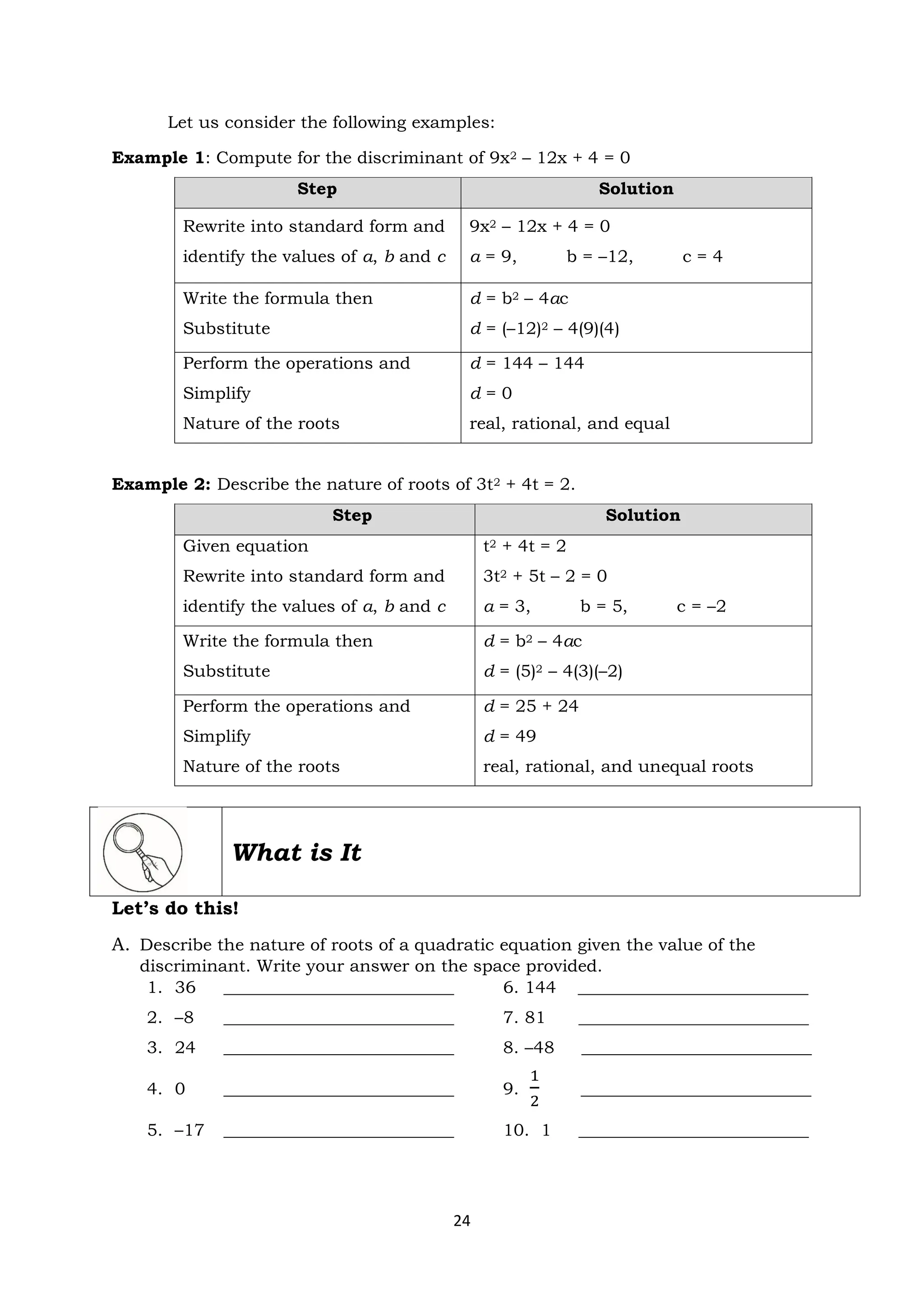 24
Let us consider the following examples:
Example 1: Compute for the discriminant of 9x2 – 12x + 4 = 0
Step Solution
Rewrite into standard form and
identify the values of a, b and c
9x2 – 12x + 4 = 0
a = 9, b = –12, c = 4
Write the formula then
Substitute
d = b2 – 4ac
d = (–12)2 – 4(9)(4)
Perform the operations and
Simplify
Nature of the roots
d = 144 – 144
d = 0
real, rational, and equal
Example 2: Describe the nature of roots of 3t2 + 4t = 2.
Step Solution
Given equation
Rewrite into standard form and
identify the values of a, b and c
t2 + 4t = 2
3t2 + 5t – 2 = 0
a = 3, b = 5, c = –2
Write the formula then
Substitute
d = b2 – 4ac
d = (5)2 – 4(3)(–2)
Perform the operations and
Simplify
Nature of the roots
d = 25 + 24
d = 49
real, rational, and unequal roots
What is It
Let’s do this!
A. Describe the nature of roots of a quadratic equation given the value of the
discriminant. Write your answer on the space provided.
1. 36 ___________________________ 6. 144 ___________________________
2. –8 ___________________________ 7. 81 ___________________________
3. 24 ___________________________ 8. –48 ___________________________
4. 0 ___________________________ 9.
1
2
___________________________
5. –17 ___________________________ 10. 1 ___________________________
 