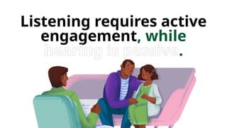 Listening requires active
engagement, while
hearing is passive.
 