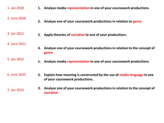 1. Jan 2010
2. June 2010

3. Jan 2011
4. June 2011

5. Jan 2012

1. Analyse media representation in one of your coursework...
