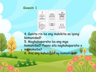 Gawain 1
4. Ganito rin ba ang makikita sa iyong
komunidad?
5. Magkakapareho ba ang mga
komunidad? Paano sila nagkakapareho o
nagkakaiba?
6. Ano ang kahulugan ng komunidad?
 