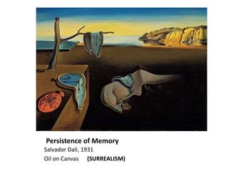 Persistence of Memory
Salvador Dali, 1931
Oil on Canvas (SURREALISM)
 