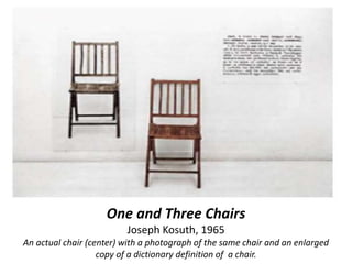 One and Three Chairs
Joseph Kosuth, 1965
An actual chair (center) with a photograph of the same chair and an enlarged
copy of a dictionary definition of a chair.
 