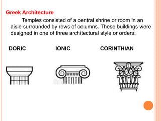 Greek Architecture
Temples consisted of a central shrine or room in an
aisle surrounded by rows of columns. These buildings were
designed in one of three architectural style or orders:
DORIC IONIC CORINTHIAN
 