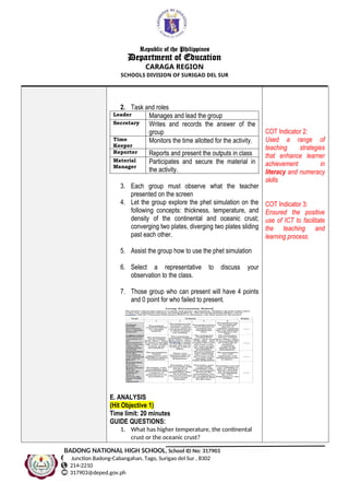 Republic of the Philippines
Department of Education
CARAGA REGION
SCHOOLS DIVISION OF SURIGAO DEL SUR
2. Task and roles
Leader Manages and lead the group
Secretary Writes and records the answer of the
group
Time
Keeper
Monitors the time allotted for the activity.
Reporter Reports and present the outputs in class
Material
Manager
Participates and secure the material in
the activity.
3. Each group must observe what the teacher
presented on the screen
4. Let the group explore the phet simulation on the
following concepts: thickness, temperature, and
density of the continental and oceanic crust;
converging two plates, diverging two plates sliding
past each other.
5. Assist the group how to use the phet simulation
6. Select a representative to discuss your
observation to the class.
7. Those group who can present will have 4 points
and 0 point for who failed to present.
E. ANALYSIS
(Hit Objective 1)
Time limit: 20 minutes
GUIDE QUESTIONS:
1. What has higher temperature, the continental
crust or the oceanic crust?
COT Indicator 2:
Used a range of
teaching strategies
that enhance learner
achievement in
literacy and numeracy
skills
COT Indicator 3:
Ensured the positive
use of ICT to facilitate
the teaching and
learning process.
BADONG NATIONAL HIGH SCHOOL, School ID No: 317903
Junction Badong-Cabangahan, Tago, Surigao del Sur , 8302
214-2210
317903@deped.gov.ph
 