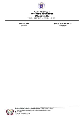 Republic of the Philippines
Department of Education
CARAGA REGION
SCHOOLS DIVISION OF SURIGAO DEL SUR
ROGIE G. SAZ
Teacher III
NILO M. BORDAJE, MAED
School Head
‘
BADONG NATIONAL HIGH SCHOOL, School ID No: 317903
Junction Badong-Cabangahan, Tago, Surigao del Sur , 8302
214-2210
317903@deped.gov.ph
 
