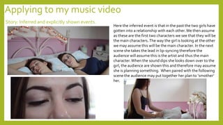 Applying to my music video
Story: Inferred and explicitly shown events.
Here the inferred event is that in the past the two girls have
gotten into a relationship with each other.We then assume
as these are the first two characters we see that they will be
the main characters.The way the girl is looking at the other
we may assume this will be the main character. In the next
scene she takes the lead in lip-syncing therefore the
audience will assume this is the artist and thus the main
character. When the sound dips she looks down over to the
girl, the audience are shown this and therefore may assume
she is planning something. When paired with the following
scene the audience may put together her plan to ‘smother’
her.
 