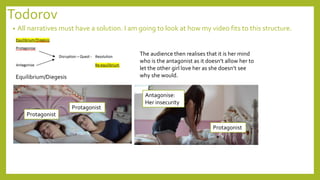 Todorov
• All narratives must have a solution. I am going to look at how my video fits to this structure.
Equilibrium/Diegesis
Protagonist
Protagonist
The audience then realises that it is her mind
who is the antagonist as it doesn’t allow her to
let the other girl love her as she doesn’t see
why she would.
Protagonist
Antagonise:
Her insecurity
 