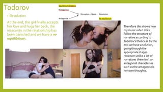 Todorov
• Resolution
At the end, the girl finally accepts
her love and hugs her back, the
insecurity in the relationship has
been banished and we have a re-
equilibrium.
Therefore this shows how
my music video does
follow the structure of
narrative according to
Todorov’s theory as by the
end we have a solution,
going through the
appropriate stages.
However unlike a lot of
narratives there isn’t an
antagonist character as
such as the antagonist is
her own thoughts.
 