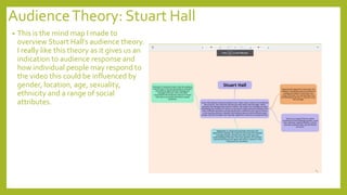 AudienceTheory: Stuart Hall
• This is the mind map I made to
overview Stuart Hall’s audience theory.
I really like this theory as it gives us an
indication to audience response and
how individual people may respond to
the video this could be influenced by
gender, location, age, sexuality,
ethnicity and a range of social
attributes.
 