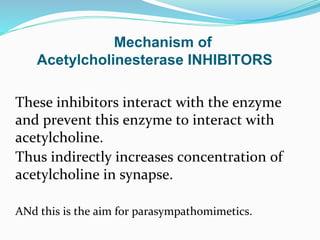 Mechanism of
Acetylcholinesterase INHIBITORS
These inhibitors interact with the enzyme
and prevent this enzyme to interact with
acetylcholine.
Thus indirectly increases concentration of
acetylcholine in synapse.
ANd this is the aim for parasympathomimetics.
 