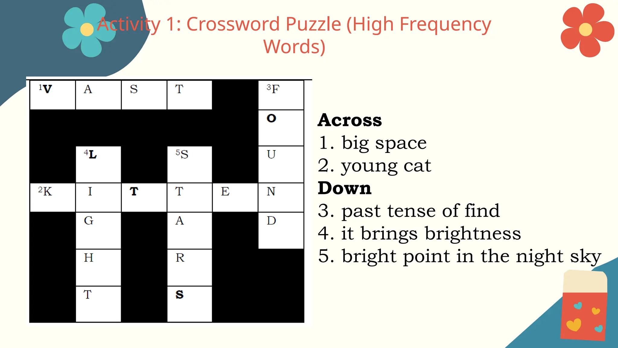 Activity 1: Crossword Puzzle (High Frequency
Words)
Across
1. big space
2. young cat
Down
3. past tense of find
4. it brings brightness
5. bright point in the night sky
 