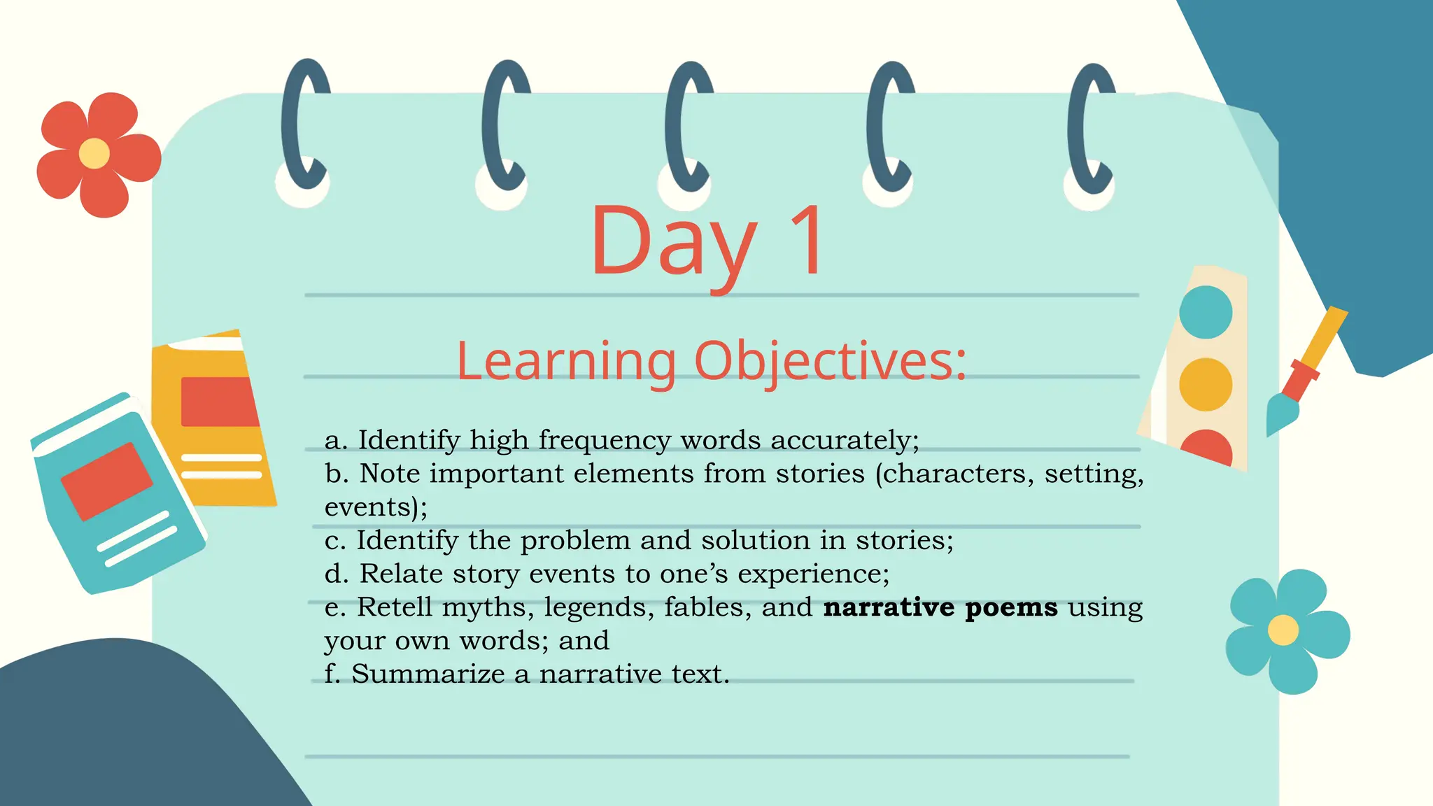 Day 1
Learning Objectives:
a. Identify high frequency words accurately;
b. Note important elements from stories (characters, setting,
events);
c. Identify the problem and solution in stories;
d. Relate story events to one’s experience;
e. Retell myths, legends, fables, and narrative poems using
your own words; and
f. Summarize a narrative text.
 