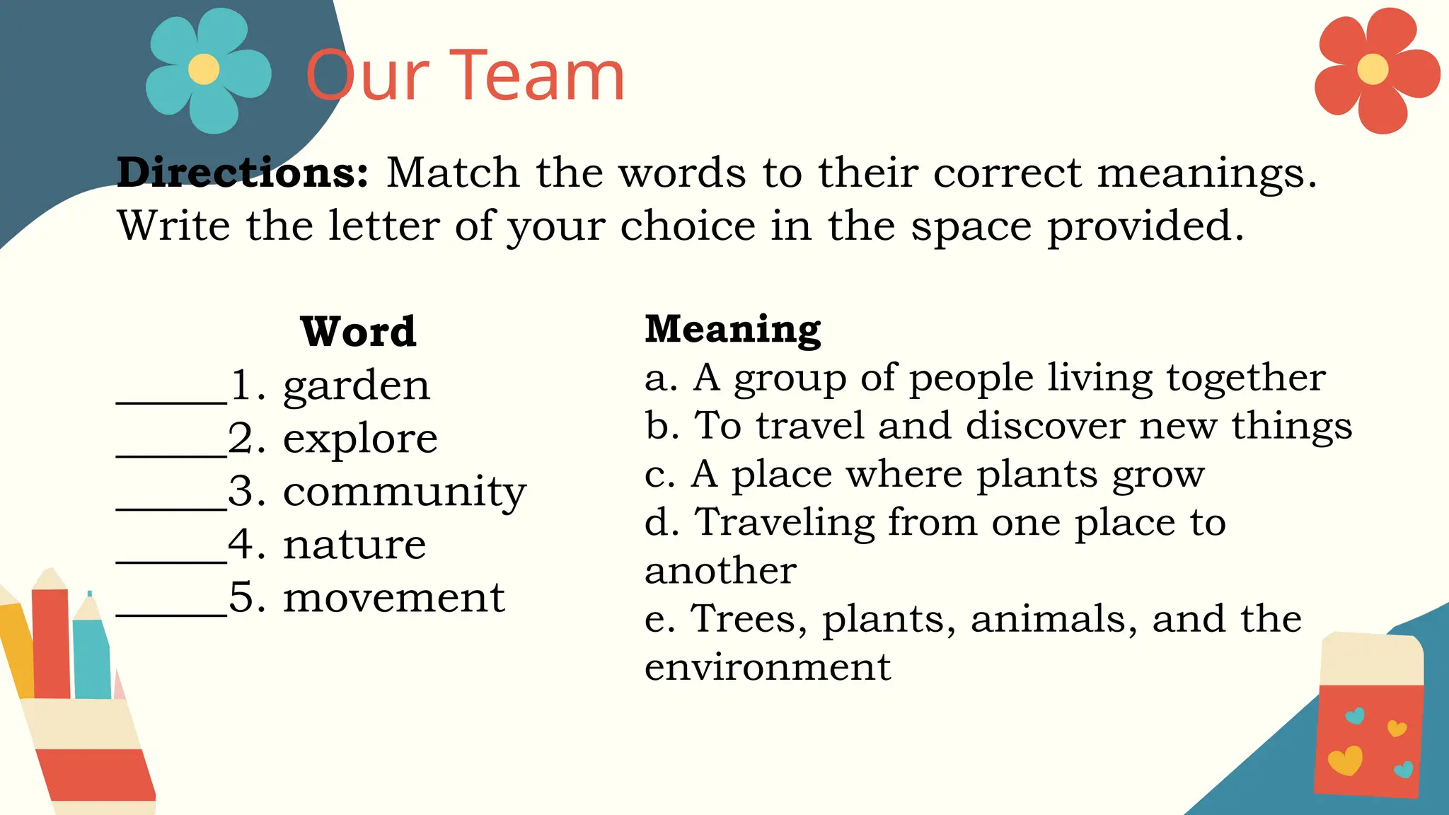Our Team
Directions: Match the words to their correct meanings.
Write the letter of your choice in the space provided.
Word
_____1. garden
_____2. explore
_____3. community
_____4. nature
_____5. movement
Meaning
a. A group of people living together
b. To travel and discover new things
c. A place where plants grow
d. Traveling from one place to
another
e. Trees, plants, animals, and the
environment
 
