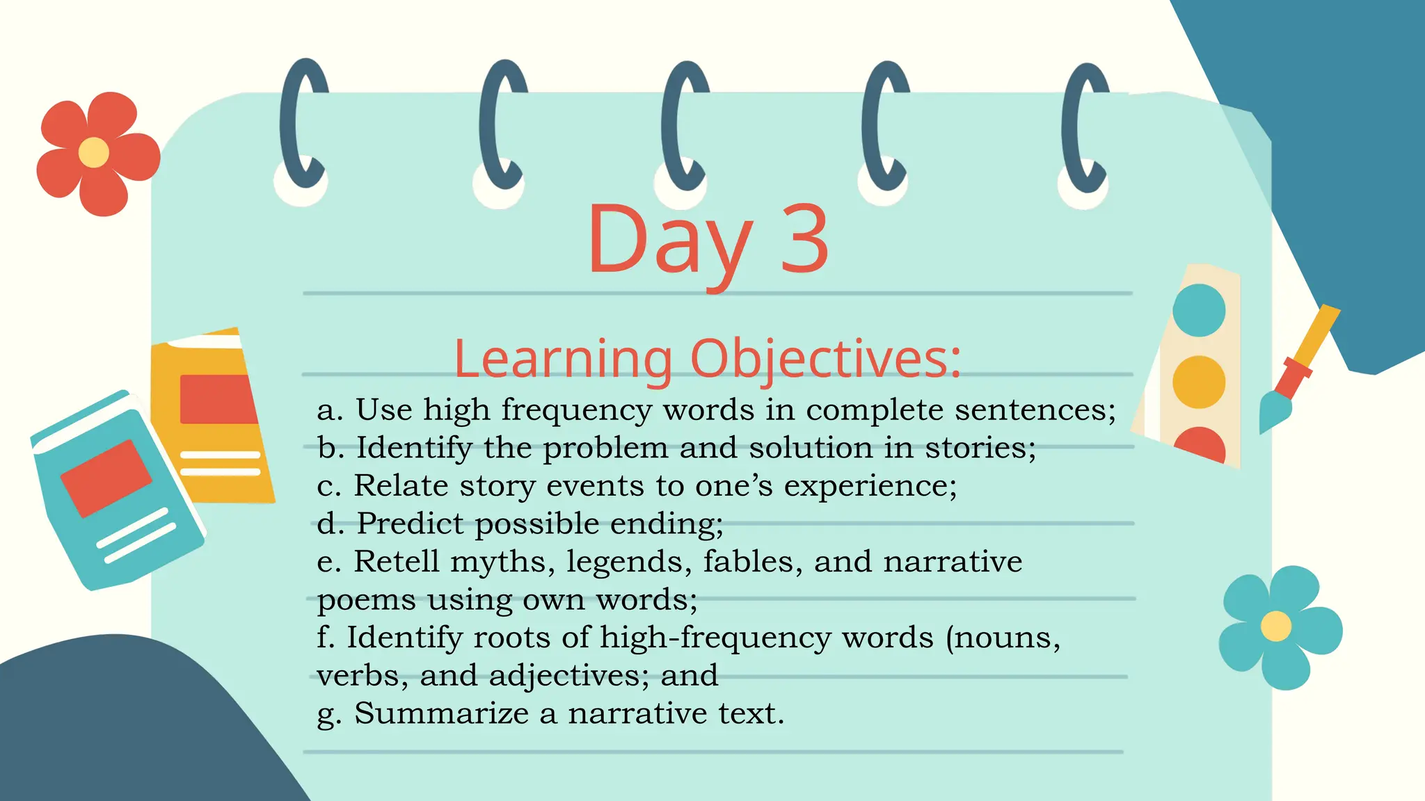 Day 3
Learning Objectives:
a. Use high frequency words in complete sentences;
b. Identify the problem and solution in stories;
c. Relate story events to one’s experience;
d. Predict possible ending;
e. Retell myths, legends, fables, and narrative
poems using own words;
f. Identify roots of high-frequency words (nouns,
verbs, and adjectives; and
g. Summarize a narrative text.
 