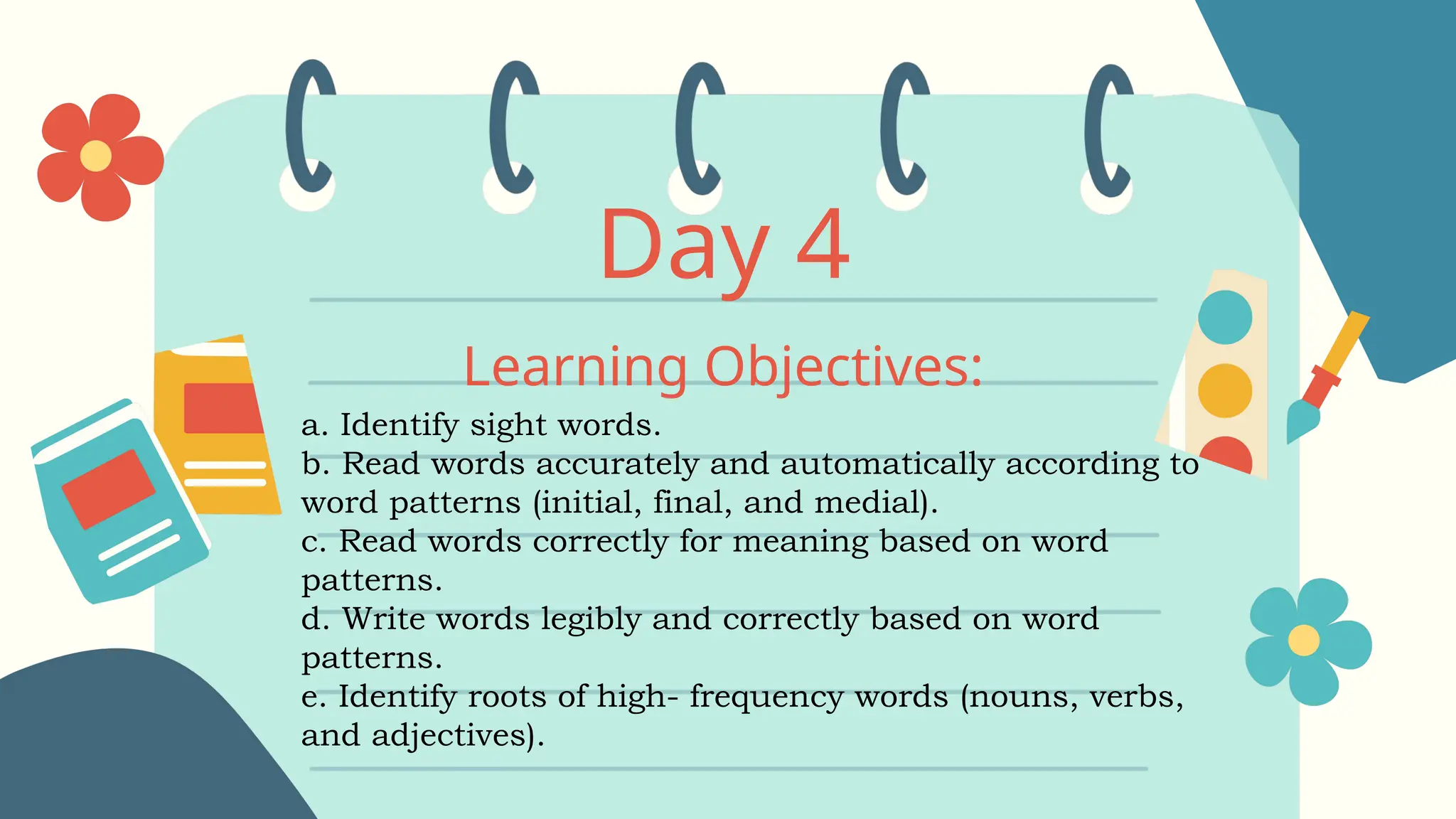Day 4
Learning Objectives:
a. Identify sight words.
b. Read words accurately and automatically according to
word patterns (initial, final, and medial).
c. Read words correctly for meaning based on word
patterns.
d. Write words legibly and correctly based on word
patterns.
e. Identify roots of high- frequency words (nouns, verbs,
and adjectives).
 