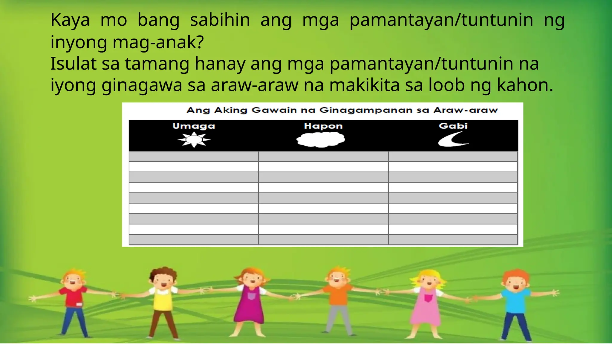 Kaya mo bang sabihin ang mga pamantayan/tuntunin ng
inyong mag-anak?
Isulat sa tamang hanay ang mga pamantayan/tuntunin na
iyong ginagawa sa araw-araw na makikita sa loob ng kahon.
 