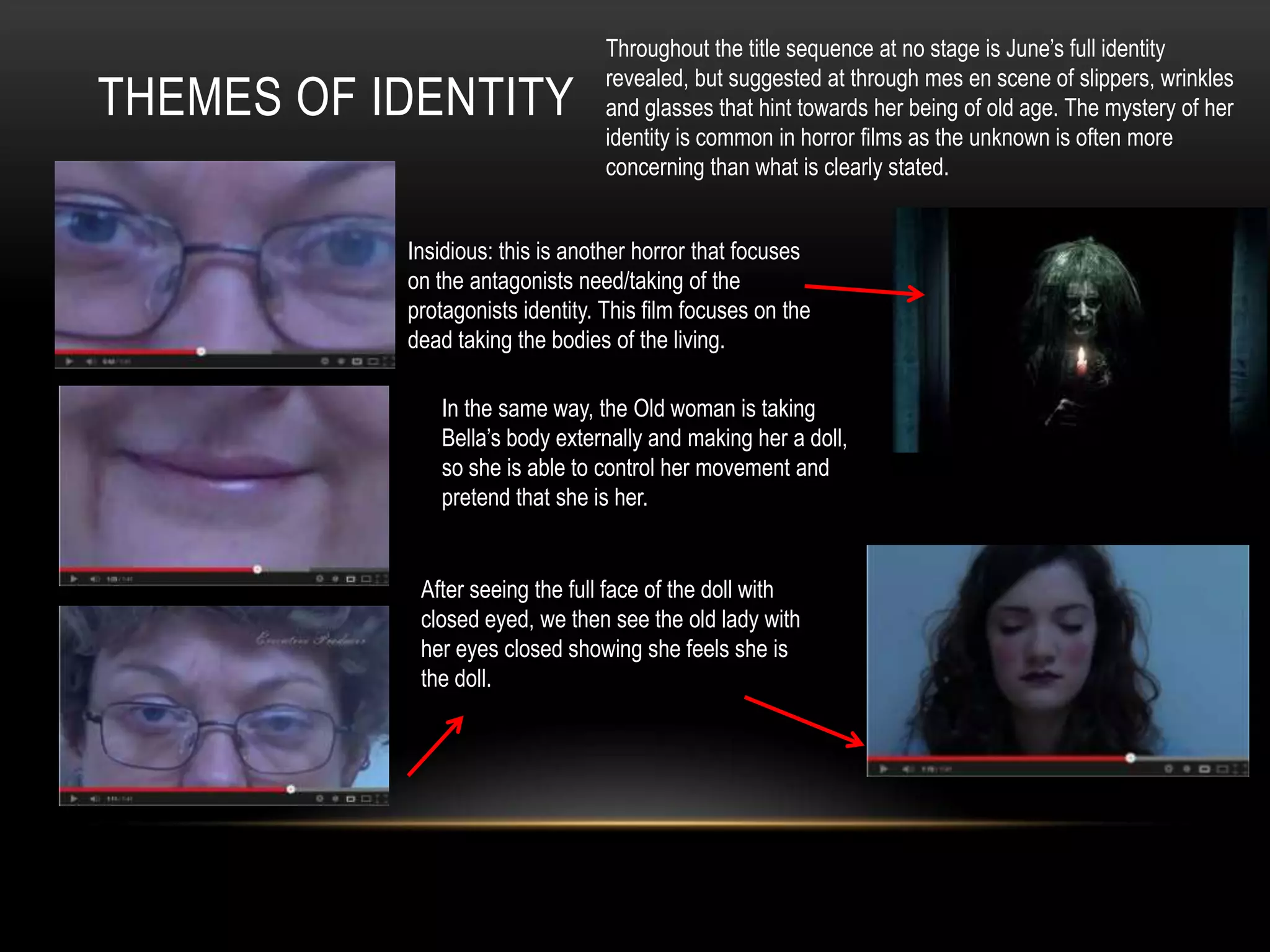 Throughout the title sequence at no stage is June’s full identity
                                  revealed, but suggested at through mes en scene of slippers, wrinkles
THEMES OF IDENTITY                and glasses that hint towards her being of old age. The mystery of her
                                  identity is common in horror films as the unknown is often more
                                  concerning than what is clearly stated.


           Insidious: this is another horror that focuses
           on the antagonists need/taking of the
           protagonists identity. This film focuses on the
           dead taking the bodies of the living.

              In the same way, the Old woman is taking
              Bella’s body externally and making her a doll,
              so she is able to control her movement and
              pretend that she is her.


            After seeing the full face of the doll with
            closed eyed, we then see the old lady with
            her eyes closed showing she feels she is
            the doll.
 