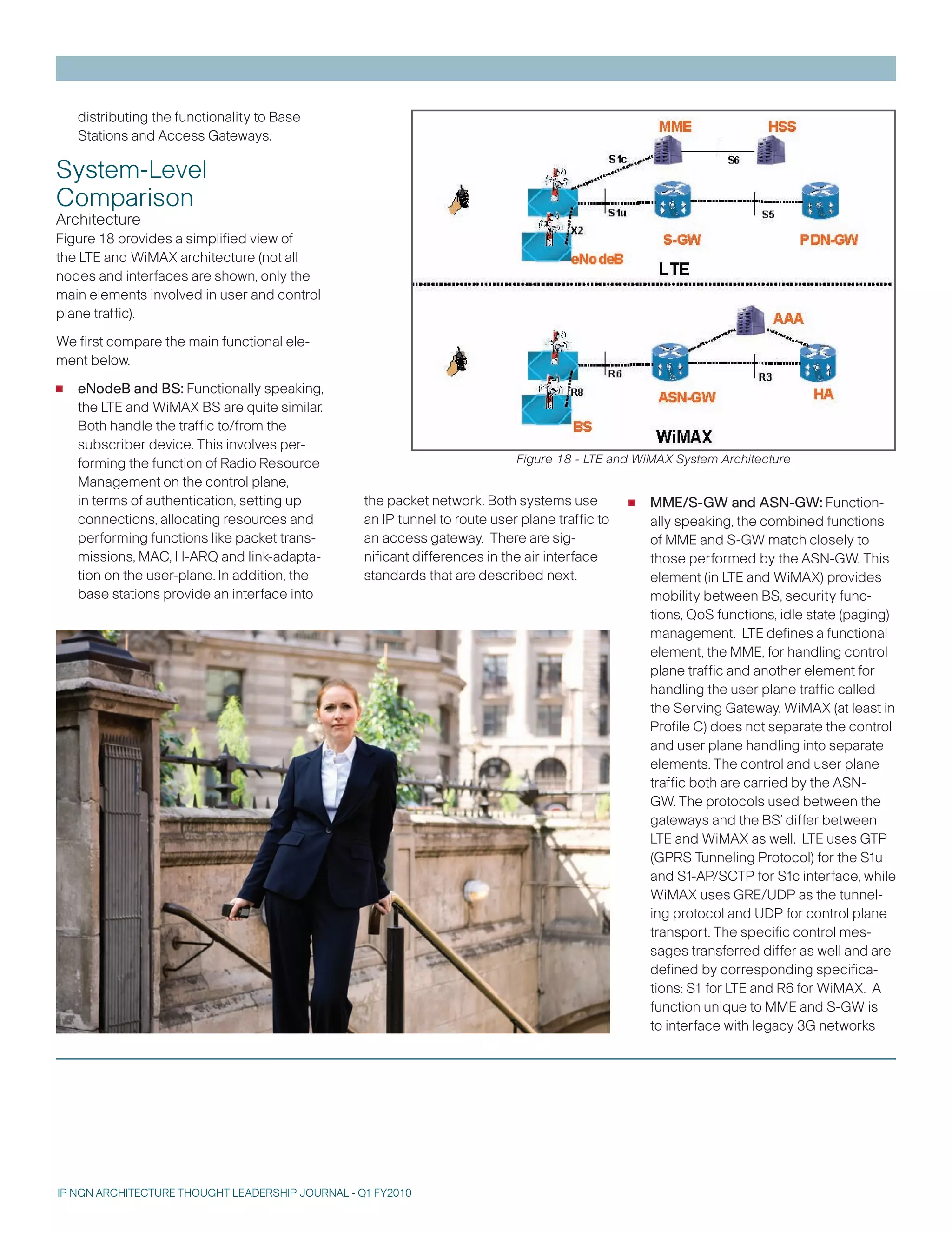 distributing the functionality to Base
    Stations and Access Gateways.

System-Level
Comparison
Architecture
Figure 18 provides a simplified view of
the LTE and WiMAX architecture (not all
nodes and interfaces are shown, only the
main elements involved in user and control
plane traffic).

We first compare the main functional ele-
ment below.

•   eNodeB and BS: Functionally speaking,
    the LTE and WiMAX BS are quite similar.
    Both handle the traffic to/from the
    subscriber device. This involves per-
    forming the function of Radio Resource                                  Figure 18 - LTE and WiMAX System Architecture
    Management on the control plane,
    in terms of authentication, setting up
    connections, allocating resources and
                                                  the packet network. Both systems use
                                                  an IP tunnel to route user plane traffic to
                                                                                                •   MME/S-GW and ASN-GW: Function-
                                                                                                    ally speaking, the combined functions
    performing functions like packet trans-       an access gateway. There are sig-                 of MME and S-GW match closely to
    missions, MAC, H-ARQ and link-adapta-         nificant differences in the air interface         those performed by the ASN-GW. This
    tion on the user-plane. In addition, the      standards that are described next.                element (in LTE and WiMAX) provides
    base stations provide an interface into                                                         mobility between BS, security func-
                                                                                                    tions, QoS functions, idle state (paging)
                                                                                                    management. LTE defines a functional
                                                                                                    element, the MME, for handling control
                                                                                                    plane traffic and another element for
                                                                                                    handling the user plane traffic called
                                                                                                    the Serving Gateway. WiMAX (at least in
                                                                                                    Profile C) does not separate the control
                                                                                                    and user plane handling into separate
                                                                                                    elements. The control and user plane
                                                                                                    traffic both are carried by the ASN-
                                                                                                    GW. The protocols used between the
                                                                                                    gateways and the BS’ differ between
                                                                                                    LTE and WiMAX as well. LTE uses GTP
                                                                                                    (GPRS Tunneling Protocol) for the S1u
                                                                                                    and S1-AP/SCTP for S1c interface, while
                                                                                                    WiMAX uses GRE/UDP as the tunnel-
                                                                                                    ing protocol and UDP for control plane
                                                                                                    transport. The specific control mes-
                                                                                                    sages transferred differ as well and are
                                                                                                    defined by corresponding specifica-
                                                                                                    tions: S1 for LTE and R6 for WiMAX. A
                                                                                                    function unique to MME and S-GW is
                                                                                                    to interface with legacy G networks




IP NGN ARCHITECTURE THOUGHT LEADERSHIP JOURNAL - Q1 FY2010
 