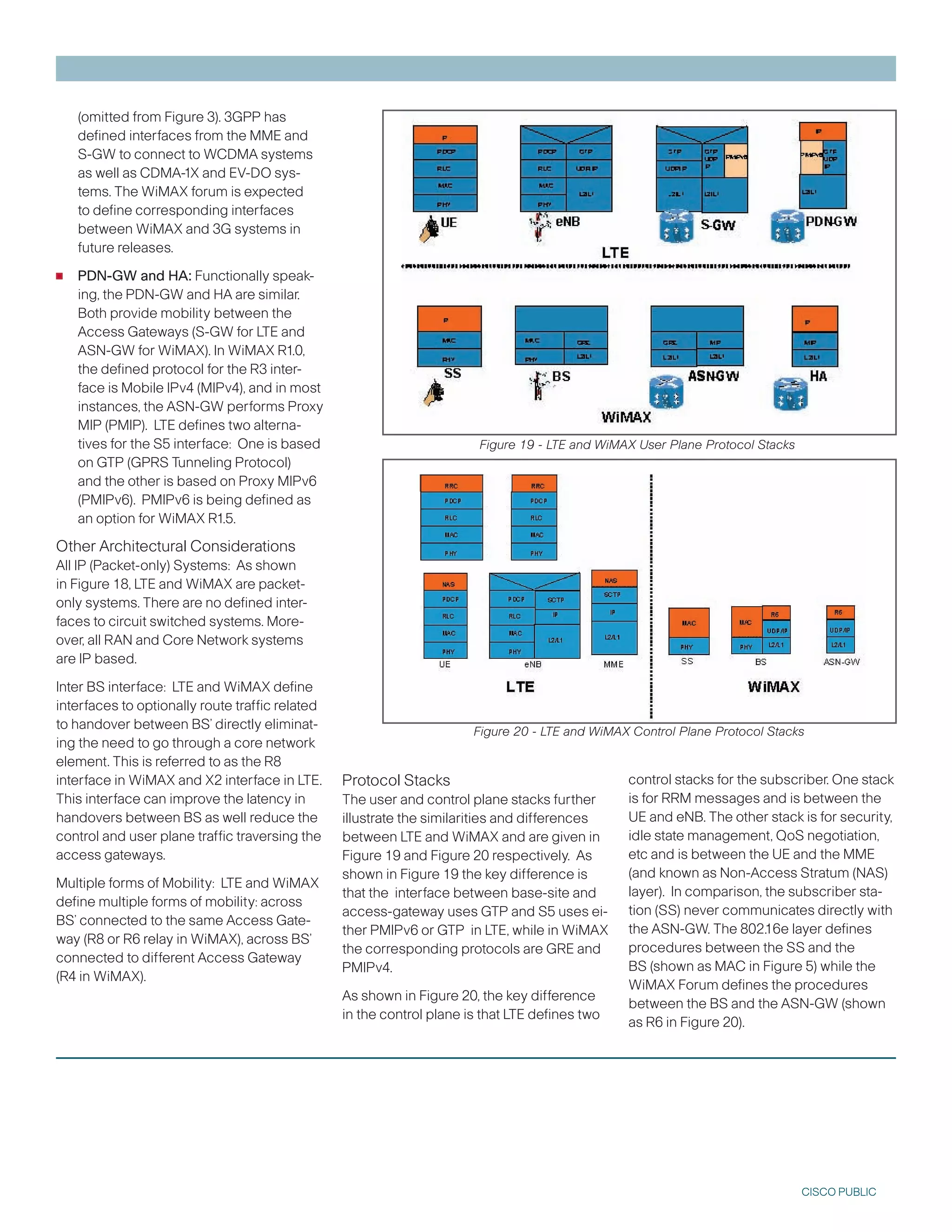 (omitted from Figure ). GPP has
    defined interfaces from the MME and
    S-GW to connect to WCDMA systems
    as well as CDMA-1X and EV-DO sys-
    tems. The WiMAX forum is expected
    to define corresponding interfaces
    between WiMAX and G systems in
    future releases.

•   PDN-GW and HA: Functionally speak-
    ing, the PDN-GW and HA are similar.
    Both provide mobility between the
    Access Gateways (S-GW for LTE and
    ASN-GW for WiMAX). In WiMAX R1.0,
    the defined protocol for the R inter-
    face is Mobile IPv4 (MIPv4), and in most
    instances, the ASN-GW performs Proxy
    MIP (PMIP). LTE defines two alterna-
    tives for the S5 interface: One is based                            Figure 19 - LTE and WiMAX User Plane Protocol Stacks
    on GTP (GPRS Tunneling Protocol)
    and the other is based on Proxy MIPv6
    (PMIPv6). PMIPv6 is being defined as
    an option for WiMAX R1.5.

Other Architectural Considerations
All IP (Packet-only) Systems: As shown
in Figure 18, LTE and WiMAX are packet-
only systems. There are no defined inter-
faces to circuit switched systems. More-
over, all RAN and Core Network systems
are IP based.

Inter BS interface: LTE and WiMAX define
interfaces to optionally route traffic related
to handover between BS’ directly eliminat-                             Figure 20 - LTE and WiMAX Control Plane Protocol Stacks
ing the need to go through a core network
element. This is referred to as the R8
interface in WiMAX and X2 interface in LTE.      Protocol Stacks                                control stacks for the subscriber. One stack
This interface can improve the latency in        The user and control plane stacks further      is for RRM messages and is between the
handovers between BS as well reduce the          illustrate the similarities and differences    UE and eNB. The other stack is for security,
control and user plane traffic traversing the    between LTE and WiMAX and are given in         idle state management, QoS negotiation,
access gateways.                                 Figure 1 and Figure 20 respectively. As       etc and is between the UE and the MME
                                                 shown in Figure 1 the key difference is       (and known as Non-Access Stratum (NAS)
Multiple forms of Mobility: LTE and WiMAX
                                                 that the interface between base-site and       layer). In comparison, the subscriber sta-
define multiple forms of mobility: across
                                                 access-gateway uses GTP and S5 uses ei-        tion (SS) never communicates directly with
BS’ connected to the same Access Gate-
                                                 ther PMIPv6 or GTP in LTE, while in WiMAX      the ASN-GW. The 802.16e layer defines
way (R8 or R6 relay in WiMAX), across BS’
                                                 the corresponding protocols are GRE and        procedures between the SS and the
connected to different Access Gateway
                                                 PMIPv4.                                        BS (shown as MAC in Figure 5) while the
(R4 in WiMAX).
                                                                                                WiMAX Forum defines the procedures
                                                 As shown in Figure 20, the key difference
                                                                                                between the BS and the ASN-GW (shown
                                                 in the control plane is that LTE defines two
                                                                                                as R6 in Figure 20).




                                                                                                                               CISCO PUBLIC
 
