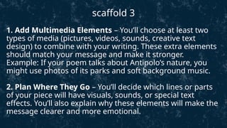 1. Add Multimedia Elements – You’ll choose at least two
types of media (pictures, videos, sounds, creative text
design) to combine with your writing. These extra elements
should match your message and make it stronger.
Example: If your poem talks about Antipolo’s nature, you
might use photos of its parks and soft background music.
2. Plan Where They Go – You’ll decide which lines or parts
of your piece will have visuals, sounds, or special text
effects. You’ll also explain why these elements will make the
message clearer and more emotional.
scaffold 3
 