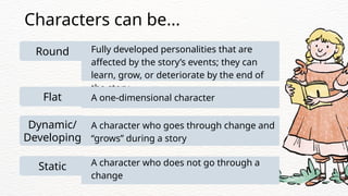 Round
Characters can be...
Fully developed personalities that are
affected by the story’s events; they can
learn, grow, or deteriorate by the end of
the story.
Flat A one-dimensional character
Dynamic/
Developing
A character who goes through change and
“grows” during a story
Static A character who does not go through a
change
 