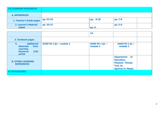 2
III.LEARNING RESOURCES
A. REFERENCES
1. Teacher’s Guide pages
pp. 42-43 pp. 8-20 pp. 7-8
2. Learner’s Material
pages
pp. 35-37
pp. 6-
pp. 5-6
16
3. Textbook pages
4. Additional
Materials from
Learning
Resource (LR)
portal
OHSP PE 1 Q1 – module 1 OHSP PE 1 Q1 –
module 1
OHSP PE 1 Q1 –
module 1
B. OTHER LEARNING
REFERENCES
Department of
Education.
Physical Fitness
Test. Dr.
Aparicio H. Mequi.
IV.PROCEDURES
 