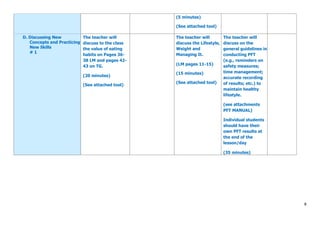 8
(5 minutes)
(See attached tool)
D. Discussing New
Concepts and Practicing
New Skills
# 1
The teacher will
discuss to the class
the value of eating
habits on Pages 36-
38 LM and pages 42-
43 on TG.
(20 minutes)
(See attached tool)
The teacher will
discuss the Lifestyle,
Weight and
Managing It.
(LM pages 11-15)
(15 minutes)
(See attached tool)
The teacher will
discuss on the
general guidelines in
conducting PFT
(e.g., reminders on
safety measures;
time management;
accurate recording
of results; etc.) to
maintain healthy
lifestyle.
(see attachments
PFT MANUAL)
Individual students
should have their
own PFT results at
the end of the
lesson/day
(35 minutes)
 