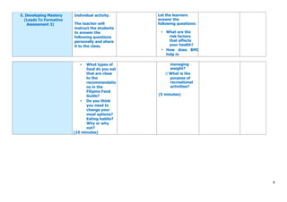 9
E. Developing Mastery
(Leads To Formative
Assessment 3)
Individual activity.
The teacher will
instruct the students
to answer the
following questions
personally and share
it to the class.
Let the learners
answer the
following questions:
• What are the
risk factors
that affects
your health?
• How does BMI
help in
• What types of
food do you eat
that are close
to the
recommendatio
ns in the
Filipino Food
Guide?
• Do you think
you need to
change your
meal options?
Eating habits?
Why or why
not?
(10 minutes)
managing
weight?
What is the
purpose of
recreational
activities?
(5 minutes)
 