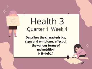 Health 3
Quarter 1 Week 4
Describes the characteristics,
signs and symptoms, effect of
the various forms of
malnutrition
H3N-Ief-14
 