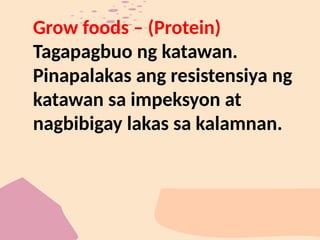 Grow foods – (Protein)
Tagapagbuo ng katawan.
Pinapalakas ang resistensiya ng
katawan sa impeksyon at
nagbibigay lakas sa kalamnan.
 