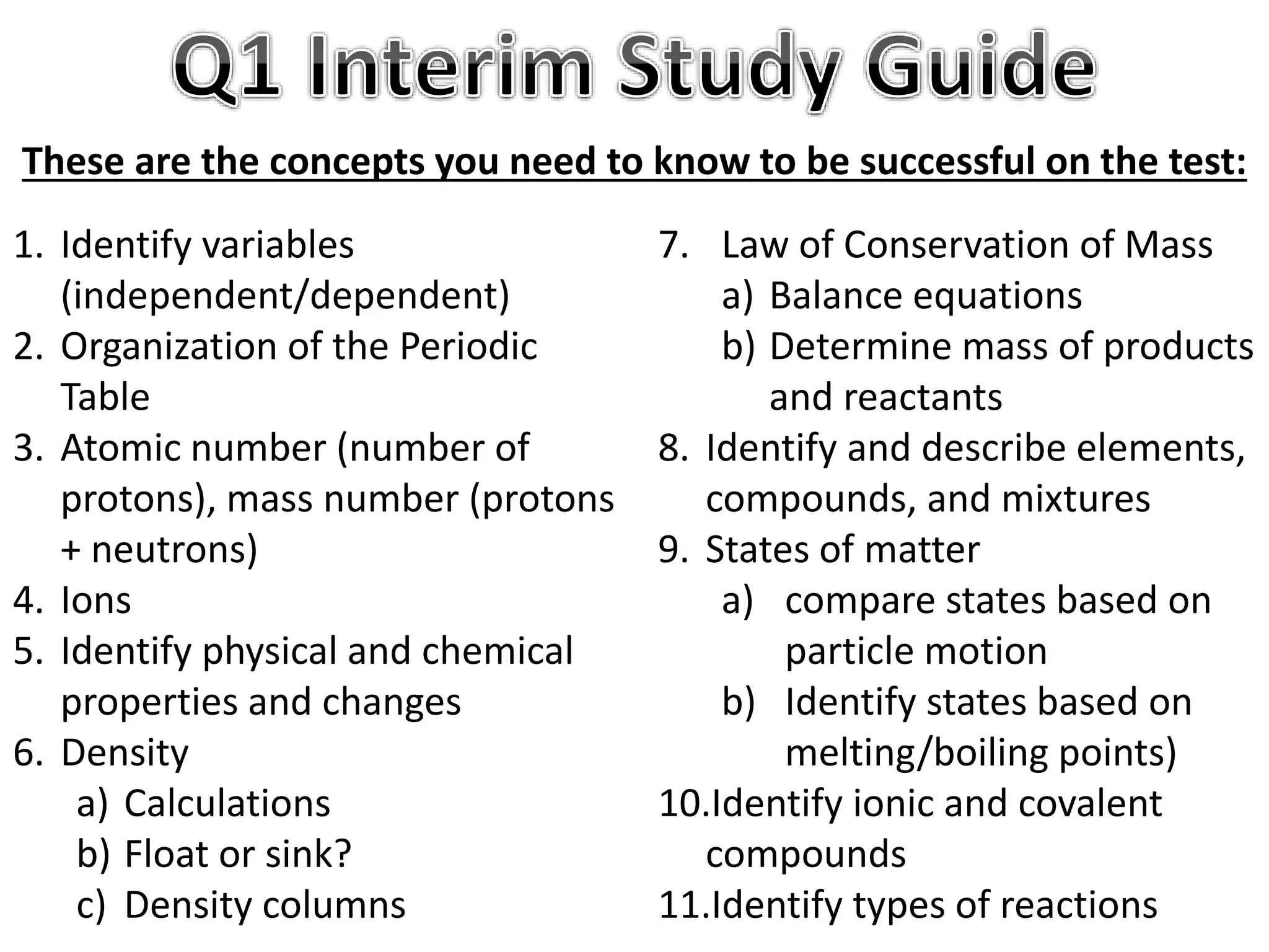 These are the concepts you need to know to be successful on the test:
1. Identify variables
(independent/dependent)
2. Organization of the Periodic
Table
3. Atomic number (number of
protons), mass number (protons
+ neutrons)
4. Ions
5. Identify physical and chemical
properties and changes
6. Density
a) Calculations
b) Float or sink?
c) Density columns
7. Law of Conservation of Mass
a) Balance equations
b) Determine mass of products
and reactants
8. Identify and describe elements,
compounds, and mixtures
9. States of matter
a) compare states based on
particle motion
b) Identify states based on
melting/boiling points)
10.Identify ionic and covalent
compounds
11.Identify types of reactions