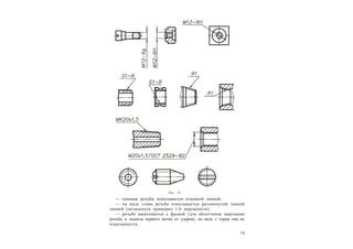 1 9
— граница резьбы показывается основной линией;
— на виде слева резьба показывается разомкнутой тонкой
линией (незамкнута примерно 1/4 окружности);
— резьба выполняется с фаской (для облегчения нарезания
резьбы и защиты первого витка от ударов), на виде с торца она не
показывается;
Рис. 33
 