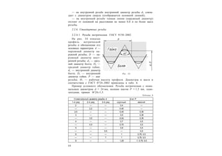 2 0
— на внутренней резьбе внутренний диаметр резьбы d1 совпа-
дает с диаметром сверла (изображается основной линией);
— на внутренней резьбе тонкая линия (наружный диаметр)
отстоит от основной на расстоянии не менее 0,8 и не более шага
резьбы.
2.2.6. Стандартные резьбы
2.2.6.1. Резьба метрическая. ГОСТ 9150–2002
На рис. 34 показан
профиль метрической
резьбы и обозначения его
основных параметров: d —
наружный диаметр на-
ружной резьбы; D — на-
ружный диаметр внут-
ренней резьбы; d2 — сред-
ний диаметр болта; D2 —
средний диаметр гайки;
d1 — внутренний диаметр
болта; D1 — внутренний
диаметр гайки; P — шаг
резьбы; H1 — рабочая высота профиля. Диаметры и шаги в
соответствии с ГОСТ 8724–2002 приведены в табл. 6.
Пример условного обозначения: Резьба метрическая с номи-
нальным диаметром d = 24 мм, мелким шагом P = 1,5 мм, одно-
заходная, правая: M 241,5.
Таблица 6
Номинальный диаметр резьбы d Ш аг Р
1-й ряд 2-й ряд 3-й ряд крупный мелкий
2 — — 0,4 —
— 2,2 — 0,45 —
2,5 — — 0,45 0,35
3 — — 0,5 0,35
— 3,5 — (0,6) 0,35
4 — — 0,7 0,5
— 4,5 — 0,75 0,5
5 — — 0,8 0,5
— — 5,5 — 0,5
6 — — 1 0,75; 0,5
— — 7 1 0,75; 0,5
8 — — 1,25 1; 0,75; 0,5
Рис. 34
 