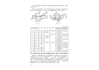 3 2
2.5.3. Размеры проточек для трапецеидальной резьбы. ГОСТ
10549–80
Проточка наружной трапецеидальной резьбы показана на
рис. 47, внутренней — на рис. 48. Параметры даны в табл. 19.
Таблица 19
Ш аг резьбы P b R R1
Наружная Внутренняя
d1
d2
2 3 1,0 0,5 d– 3,0 d + 1,0
3 5 1,6 d– 4,2
4 6 1,0 d– 5,2 d + 1,1
5 8 2,0 d– 7,0 d + 1,6
6 10 3,0 d– 8,0
8 12 d– 10,2 d + 1,8
10 16 d– 12,5
12 18 5,0 2,0 d– 14,5 d + 2,1
16 25 d– 19,5 d + 2,8
20 d– 24,0 d + 3,0
24 30 d– 28,0 d + 3,5
32 40 d– 36,5
40 50 d– 44,5 d + 4,0
2.6. Канавки для выхода шлифовального круга. ГОСТ 8820–69*
Круглое шлифование по наружному цилиндру исполнение 1
показано на рис. 49, исполнение 2 — на рис. 50, шлифование по
внутреннему цилиндру и торцу — на рис. 51 (исполнение 1 ), на
рис. 52 (исполнение 2 ). Шлифование по внутреннему цилиндру
дано на рис. 53, шлифование по внутреннему торцу — на рис. 54.
Параметры даны в табл. 20 (размеры даны в мм).
Рис. 47 Рис. 48
 