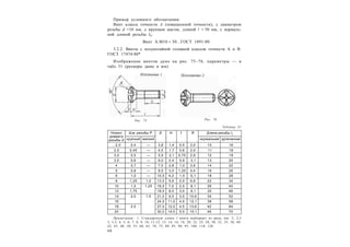 4 6
Пример условного обозначения:
Винт класса точности A (повышенной точности), с диаметром
резьбы d =10 мм, с крупным шагом, длиной l = 50 мм, с нормаль-
ной длиной резьбы l0:
Винт A.М10  50...ГОСТ 1491-80.
3.2.2. Винты с полупотайной головкой классов точности А и В.
ГОСТ 17474-80*
Изображение винтов дано на рис. 75–76, параметры — в
табл. 31 (размеры даны в мм).
Таблица 31
Номин.
диаметр
резьбы d
Шаг резьбы P D H f R Длина резьбы l0
крупный мелкий нормальная удлиненная
…2,0 0,4 — 3,8 1,4 0,5 2,0 10 16
2,5 0,45 — 4,5 1,7 0,6 2,4 11 18
3,0 0,5 — 5,5 2,1 0,75 2,9 12 19
3,5 0,6 — 6,0 2,4 0,9 3,1 13 20
4 0,7 — 7,0 2,8 1,0 3,6 14 22
5 0,8 — 8,5 3,5 1,25 4,4 16 25
6 1,0 — 10,0 4,2 1,5 5,1 18 28
8 1,25 1,0 13,0 5,6 2,0 6,6 22 34
10 1,5 1,25 16,0 7,0 2,5 8,1 26 40
12 1,75 18,0 8,0 3,0 9,1 30 46
14 2,0 1,5 21,0 9,5 3,5 10,6 34 52
16 24,0 11,0 4,0 12,1 38 58
18 2,5 27,0 12,0 4,5 13,6 42 64
20 30,0 14,0 5,0 15,1 46 70
Примечания : 1. Стандартную длину l винта выбирают из ряда, мм: 2; 2,5
3; 3,5; 4; 5; 6; 7; 8; 9; 10; 11;12; 13; 14; 16; 18; 20; 22; 25; 28; 30; 32; 35; 38; 40;
42; 45; 48; 50; 55; 60; 65; 70; 75; 80; 85; 90; 95; 100; 110; 120.
Рис. 75 Рис. 76
 