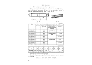 5 8
3.5. Шпильки
3.5.1 Шпильки резьбовые общего применения
Изображение шпилек на чертеже показано на рис. 90, нагляд-
ное изображение приведено на рис. 91, шаг резьбы Р указан в
табл. 40, параметры шпилек даны в табл. 41–43.
Таблица 41
ГОСТ Kласс
точности
Шероховатость
поверхности
резьбы, Ra
Материал дета-
лей, в резьбовые
отверстия кото-
рых ввинчивается
шпилька
Длина
ввинчиваемого
конца l1
ГОСТ 22032-76 В 6,3 Сталь, бронза,
латунь, титановые
сплавы
l1
= d
ГОСТ 22033-76 А 3,2
ГОСТ 22034-76 В 6,3 Kовкий и серый
чугун
l1
= 1,25d
ГОСТ 22035-76 А 3,2
ГОСТ 22036-76 В 6,3 l1
= 1,6d
ГОСТ 22037-76 А 3,2
ГОСТ 22038-76 В 6,3 Легкие сплавы l1
= 2d
ГОСТ 22039-76 А 3,2
ГОСТ 22040-76 В 6,3 l1
= 2,5d
ГОСТ 22041-76 А 3,2
Таблица 42
d
Ш аг P
6 8 10 12 14 16 18 20 22 24 27 30
крупный 1,0 1,25 1,5 1,75 2,0 2,5 3,0 3,5
мелкий — 1,0 1,25 1,5 2,0
Примеры условного обозначения:
Шпилька с диаметром резьбы 12 мм, крупным шагом, длиной
l = 120 мм:
Шпилька M12  120...ГОСТ 22032-76.
Рис. 90 Рис. 91
 