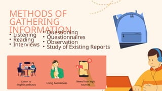 METHODS OF
GATHERING
INFORMATION
• Listening
• Reading
• Interviews
Listen to
English podcasts
Using Audiobooks
News from legit
sources
• Questioning
• Questionnaires
• Observation
• Study of Existing Reports
 