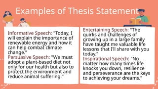 Examples of Thesis Statement
Informative Speech: "Today, I
will explain the importance of
renewable energy and how it
can help combat climate
change.”
Persuasive Speech: "We must
adopt a plant-based diet not
only for our health but also to
protect the environment and
reduce animal suffering."
Entertaining Speech: "The
quirks and challenges of
growing up in a large family
have taught me valuable life
lessons that I’ll share with you
today.”
Inspirational Speech: "No
matter how many times life
knocks you down, resilience
and perseverance are the keys
to achieving your dreams."
 