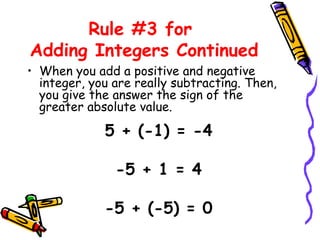 Rule #3 for
Adding Integers Continued
• When you add a positive and negative
integer, you are really subtracting. Then,
you give the answer the sign of the
greater absolute value.
5 + (-1) = -4
-5 + 1 = 4
-5 + (-5) = 0
 