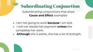 SLIDESMANIA.COM
SLIDESMANIA.COM
Subordinating Conjunction
Subordinating conjunctions that show
Cause and Effect examples:
● I am not going to work because I am sick.
● I will not release her payment unless she
completes her work.
● Although she is petite, she has a lot of strength.
 