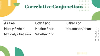 SLIDESMANIA.COM
SLIDESMANIA.COM
Correlative Conjunctions
As / As Both / and Either / or
Hardly / when Neither / nor No sooner / than
Not only / but also Whether / or
 