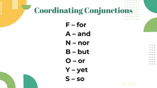 SLIDESMANIA.COM
SLIDESMANIA.COM
Coordinating Conjunctions
F – for
A – and
N – nor
B – but
O – or
Y – yet
S – so
 