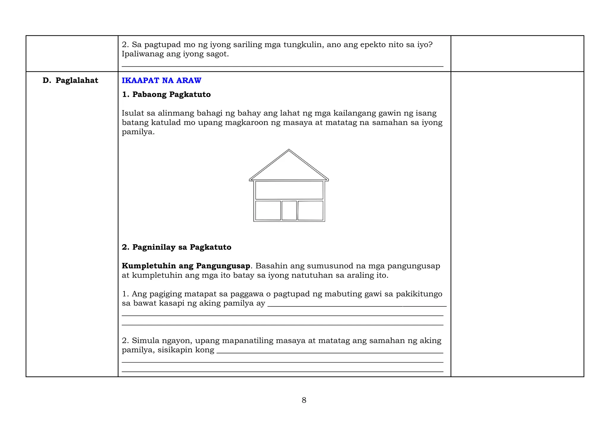 8
2. Sa pagtupad mo ng iyong sariling mga tungkulin, ano ang epekto nito sa iyo?
Ipaliwanag ang iyong sagot.
_________________________________________________________________________________
D. Paglalahat IKAAPAT NA ARAW
1. Pabaong Pagkatuto
Isulat sa alinmang bahagi ng bahay ang lahat ng mga kailangang gawin ng isang
batang katulad mo upang magkaroon ng masaya at matatag na samahan sa iyong
pamilya.
2. Pagninilay sa Pagkatuto
Kumpletuhin ang Pangungusap. Basahin ang sumusunod na mga pangungusap
at kumpletuhin ang mga ito batay sa iyong natutuhan sa araling ito.
1. Ang pagiging matapat sa paggawa o pagtupad ng mabuting gawi sa pakikitungo
sa bawat kasapi ng aking pamilya ay _____________________________________________
_________________________________________________________________________________
_________________________________________________________________________________
2. Simula ngayon, upang mapanatiling masaya at matatag ang samahan ng aking
pamilya, sisikapin kong _________________________________________________________
_________________________________________________________________________________
_________________________________________________________________________________
 