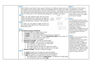 4
DAY 3
Find, Observe, and Share! Look around. Observe the different objects you see.
Find objects that have four sides. Share your findings with the class. For today
you will learn about quadrilaterals and their characteristics. A Quadrilateral is a
four-sided figure with broad, several types, and unique properties. Today, we will
focus our discussion on the following: parallelogram, rectangle, and square.
DAY 4
Today, we will continue with the rest of the
kinds of quadrilaterals. Looking at the diagram,
which ones have we not discussed yet? They are
general quadrilateral, rhombus, and trapezoid.
DAY 5
For today, you are going to apply all that you
have learned through the arts. This will be your
Performance task.
DAY 1
2. Unlocking Content Vocabulary
1. The prefix “tri” in triangle means three.
2. A triangle is a three-sided polygon.
3. A polygon is a closed plane figure whose sides are segments.
4. A vertex is a corner point. It is the intersection point of two sides of a
polygon. It is a point where two sides meet.
5. The symbol Δ is read as “triangle”.
6. Equilateral triangle - all sides of equal length
7. Isosceles triangle - with two sides of equal length
• The congruent or equal sides are called legs.
• The third side is called the base.
• The angles opposite the legs are called base angles.
• The angle opposite the base is called the vertex angle.
8. Scalene triangle - all sides of different lengths
DAY 2
1. An acute triangle has all angles less than 90 degrees.
2. An obtuse triangle has one angle greater than 90 degrees.
3. A right triangle has one angle that is exactly 90 degrees.
• The longest side is called the hypotenuse. It is opposite the right angle.
• The two shorter sides are called legs.
DAY 2
The purpose of the lesson is
established by carefully
observing the given question
and asking the learners their
observations about the angles
in the given triangle.
DAY 3
Let the learners observe their
surroundings and prompt them
to look for objects with four
sides. This will lead you to
introduce learners to a four-
sided figure called a
quadrilateral. Explain that they
will learn about different types
of quadrilaterals and their
properties.
DAY 4
Display visual representations
of different types of
quadrilaterals and their labels.
Create clear and visually
appealing images or diagrams
of each type of quadrilateral
(square, rectangle, rhombus,
parallelogram, trapezoid) along
with their labels. (These can be
hand-drawn or created using
graphic design software.)
 