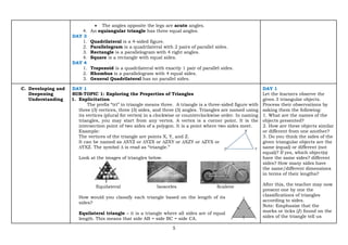 5
• The angles opposite the legs are acute angles.
4. An equiangular triangle has three equal angles.
DAY 3
1. Quadrilateral is a 4-sided figure.
2. Parallelogram is a quadrilateral with 2 pairs of parallel sides.
3. Rectangle is a parallelogram with 4 right angles.
4. Square is a rectangle with equal sides.
DAY 4
1. Trapezoid is a quadrilateral with exactly 1 pair of parallel sides.
2. Rhombus is a parallelogram with 4 equal sides.
3. General Quadrilateral has no parallel sides.
C. Developing and
Deepening
Understanding
DAY 1
SUB-TOPIC 1: Exploring the Properties of Triangles
1. Explicitation
The prefix “tri” in triangle means three. A triangle is a three-sided figure with
three (3) vertices, three (3) sides, and three (3) angles. Triangles are named using
its vertices (plural for vertex) in a clockwise or counterclockwise order. In naming
triangles, you may start from any vertex. A vertex is a corner point. It is the
intersection point of two sides of a polygon. It is a point where two sides meet.
Example:
The vertices of the triangle are points X, Y, and Z.
It can be named as ∆XYZ or ∆YZX or ∆ZXY or ∆XZY or ∆ZYX or
∆YXZ. The symbol ∆ is read as “triangle.”
Look at the images of triangles below.
Equilateral Isosceles Scalene
How would you classify each triangle based on the length of its
sides?
Equilateral triangle – it is a triangle where all sides are of equal
length. This means that side AB = side BC = side CA.
DAY 1
Let the learners observe the
given 3 triangular objects.
Process their observations by
asking them the following:
1. What are the names of the
objects presented?
2. How are these objects similar
or different from one another?
3. Do you think the sides of the
given triangular objects are the
same (equal) or different (not
equal)? If yes, which object(s)
have the same sides? different
sides? How many sides have
the same/different dimensions
in terms of their lengths?
After this, the teacher may now
present one by one the
classifications of triangles
according to sides.
Note: Emphasize that the
marks or ticks (/) found on the
sides of the triangle tell us
 