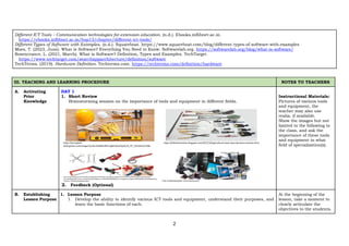2
Different ICT Tools – Communication technologies for extension education. (n.d.). Ebooks.inflibnet.ac.in.
https://ebooks.inflibnet.ac.in/hsp13/chapter/different-ict-tools/
Different Types of Software with Examples. (n.d.). Squareboat. https://www.squareboat.com/blog/different-types-of-software-with-examples
Moes, T. (2023, June). What is Software? Everything You Need to Know. Softwarelab.org. https://softwarelab.org/blog/what-is-software/
Rosencrance, L. (2021, March). What is Software? Definition, Types and Examples. TechTarget.
https://www.techtarget.com/searchapparchitecture/definition/software
TechTerms. (2019). Hardware Definition. Techterms.com. https://techterms.com/definition/hardware
III. TEACHING AND LEARNING PROCEDURE NOTES TO TEACHERS
A. Activating
Prior
Knowledge
DAY 1
1. Short Review
Brainstorming session on the importance of tools and equipment in different fields.
https://encrypted-
tbn0.gstatic.com/images?q=tbn:ANd9GcRlEmrgBHySeuIPqcfCzr8_l5T_Ghv9A41U7A&s
https://b2binformation.blogspot.com/2012/10/agricultural-tools-have-become-common.html
https://www.google.com/url?sa=i&url=https%3A%2F%2Fwww.civilengineeringweb.com%2F2022%2F03%2Ftypes-plumbing-tools-
uses.html&psig=AOvVaw2oI_kcwdLVTjtCljGPCe8a&ust=1718623002930000&source=images&cd=vfe&opi=89978449&ved=0CBQQjRxqFwo
TCJjN7dv_34YDFQAAAAAdAAAAABAP https://azglobalsupplier.com/it-equipment/
2. Feedback (Optional)
Instructional Materials:
Pictures of various tools
and equipment, the
teacher may also use
realia, if available.
Show the images but not
limited to the following to
the class, and ask the
importance of these tools
and equipment in what
field of specialization(s).
B. Establishing
Lesson Purpose
1. Lesson Purpose
1. Develop the ability to identify various ICT tools and equipment, understand their purposes, and
learn the basic functions of each.
At the beginning of the
lesson, take a moment to
clearly articulate the
objectives to the students.
 