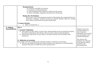 11
Scoring Criteria
● Creativity and Effort (20 points)
● Attention to Detail (20 points)
● Understanding of Pre-Production Elements (40 points)
● Bonus Challenge: Originality and Execution (20 points)
Ready, Set, Pre-Produce!
This is just a test of the planning involved in filmmaking. By conducting this pre-
production challenge, students would have gained valuable skills for creating
short videos or films and eventually editing them.
3. Lesson Activity:
• Refer to Activity No. 2
D. Making
Generalizations
DAY 4
1. Learners’ Takeaways
● Ask learners to write down or share their understanding of the pre-production phase,
including scriptwriting, shot listing, talent scouting, and securing equipment.
● Discuss the importance of each step in ensuring a smooth and successful video
production.
2. Reflection on Learning
The teacher will ask a question that will elicit students’ reflections on learning:
● Why do you think Pre-Production Phase elements are important in the filmmaking
process? How does it benefit the actors and directors?
Students may have
varying answers on
their respective
takeaways, but teachers
may be guided on the
possible takeaways.
The teacher will
facilitate the reflection
of learning by asking
questions and
processing them.
 