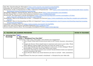 2
III. TEACHING AND LEARNING PROCEDURE NOTES TO TEACHERS
A. Activating Prior
Knowledge
DAY 1
1. Short Review
Activity 1: “Storyboard Your First Edit”
Instruction: Grab a pen, some paper, and unleash your imagination!
1. Pick a Theme: What kind of story do you want to tell? Funny, dramatic, educational,
etc.
2. Imagine the Scenes: Draw simple boxes to represent each scene in your video. Think
about different camera angles and what you want the viewer to see.
3. Action Time! Briefly describe what happens in each scene, Is there dialogue? Music?
Sound Effects? Jot down these ideas within your boxes.
4. Transitions: How will you connect your scenes? Arrows between boxes can represent
smooth transitions like fades.
5. Bonus Round: Sketch any visual elements you want to include - titles, animations,
etc.
Congratulations! You have just created a storyboard - a blueprint for your video edit.
Film Riot: Storyboarding for Filmmakers https://www.youtube.com/watch?v=4uhaJhT25hU
Filmmaker IQ: Location Scouting 101 https://www.youtube.com/watch?v=bIW1eFsJvF8
MasterClass: Guide to Preproduction in Film: 7 Elements of Preproduction - 2024 https://www.masterclass.com/classes/jodie-foster-teaches-
filmmaking/chapters/prepping-and-scheduling
MovieMaker Magazine: Filming Permits: What You Need to Know https://www.moviemaker.com/mediakit/
No Film School: How to Create a Film Production Schedule https://nofilmschool.com/
ScreenCraft: The Importance of Script Development https://screencraft.org/blog/how-to-write-a-screenplay-a-10-step-
guide/?deviceId=1d9ab0df-46ea-4f7f-b8b4-bebc7a0dcbe0
StudioBinder: What is Pre-Production in Film — A Blueprint for Success https://www.studiobinder.com/blog/the-complete-pre-production-
process/
StudioBinder: What Is Storyboarding and Why Is It Important? https://elearningindustry.com/8-reasons-storyboarding-important-jumping-
off-elearning-development
Videomaker: Creating a Shot List https://www.youtube.com/watch?v=Ijr1bpY9NFw
Wolf Crow: Film Crew Positions and Roles Explained https://wolfcrow.com/
Writers Guild of America West: The Screenplay Development Process https://www.wga.org/
 